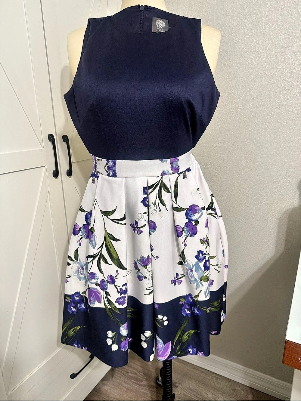 Vince Camuto Floral Sleeveless Scuba Fit & Flare Dress Midi Dress Blue & White - Picture 1 of 6